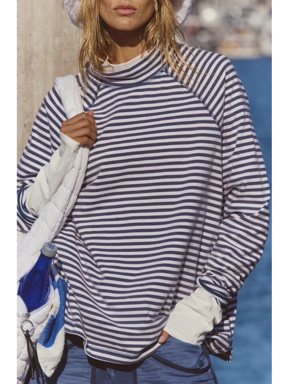 NEW Free People Movement Restoration Stripe Layer Navy Blue Tee Medium NWT